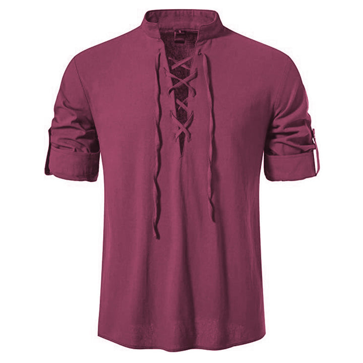 Men's casual lace-up shirt with stand-up collar, linen-cotton blend and roll-up sleeve tabs StylebySassy
