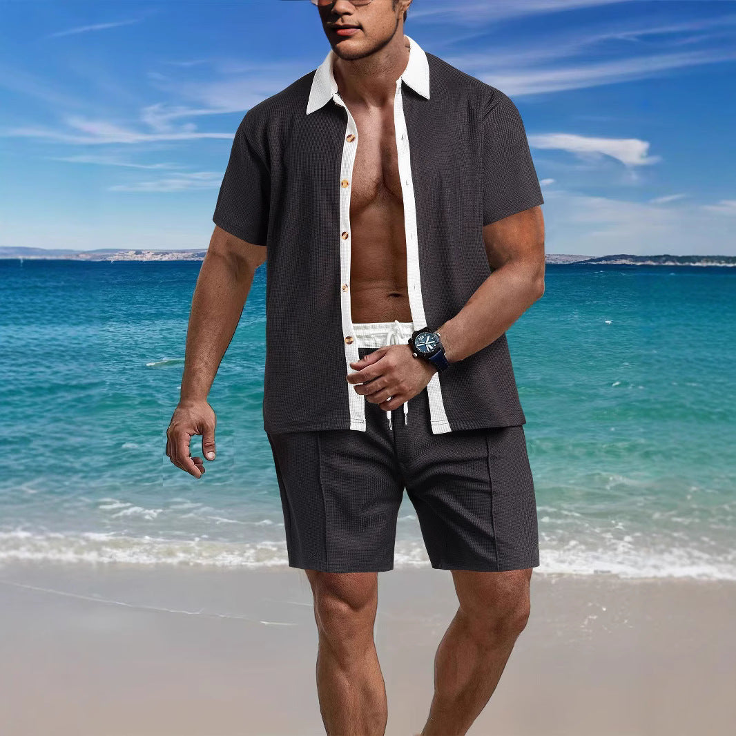 Men's modern leisure set made of fine textured jersey with shirt collar button placket and drawstring shorts StylebySassy