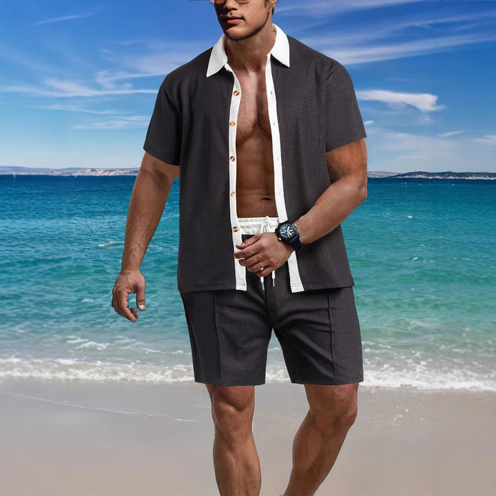 Men's modern leisure set made of fine textured jersey with shirt collar button placket and drawstring shorts StylebySassy