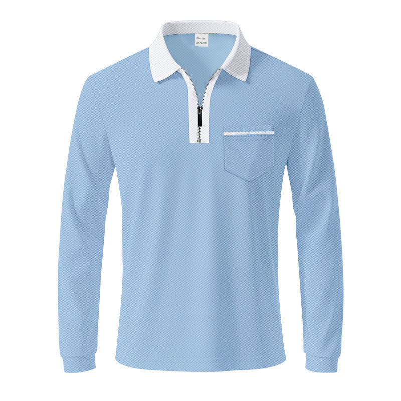 Men's long-sleeved polo with half zip, patch chest pocket, and fine structure jersey quality StylebySassy