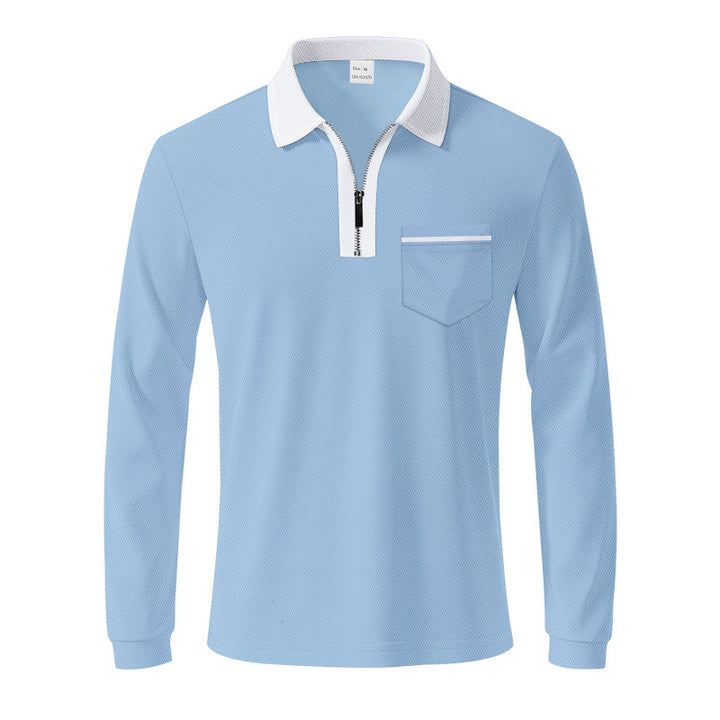 Men's long-sleeved polo with half zip, patch chest pocket, and fine structure jersey quality StylebySassy