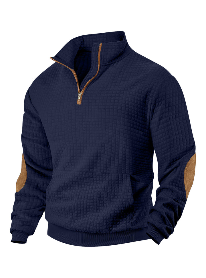 Men's waffle texture half-zip with stand-up collar, kangaroo pocket, and suede look elbow patches StylebySassy