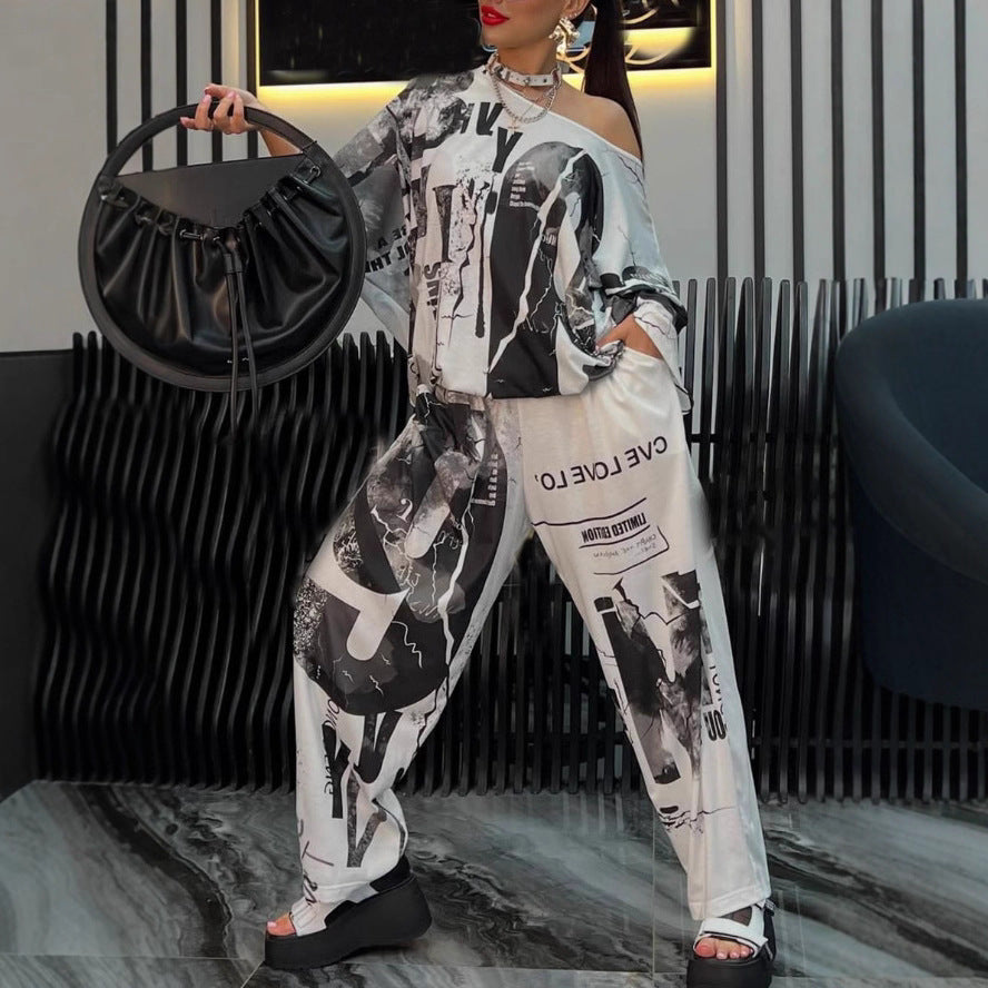 Ladies two-piece wide satin leisure set with off-shoulder batwing top and palazzo pants StylebySassy
