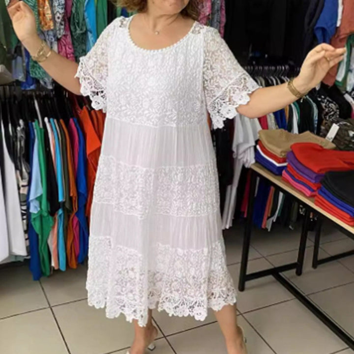 Women's multi-layered lace midi dress with pleated inserts and flounce sleeves StylebySassy