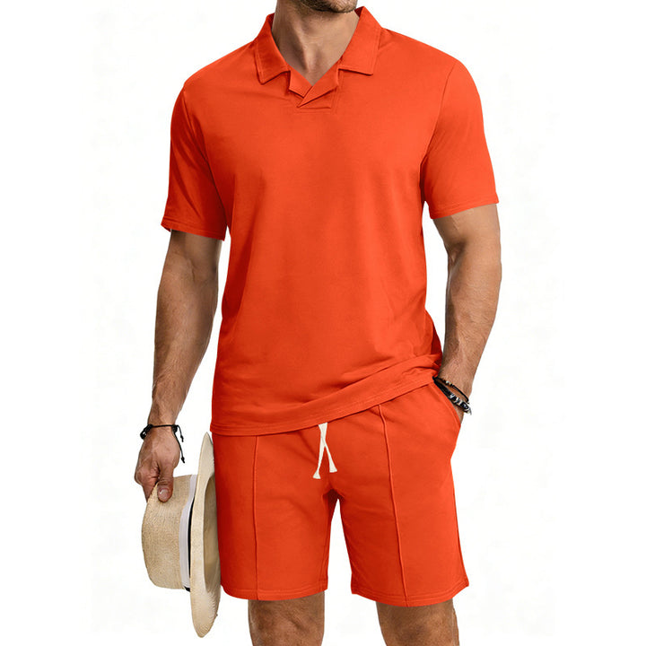 Men's short-sleeved polo lounge set with V-insert at the collar and drawstring bermuda StylebySassy