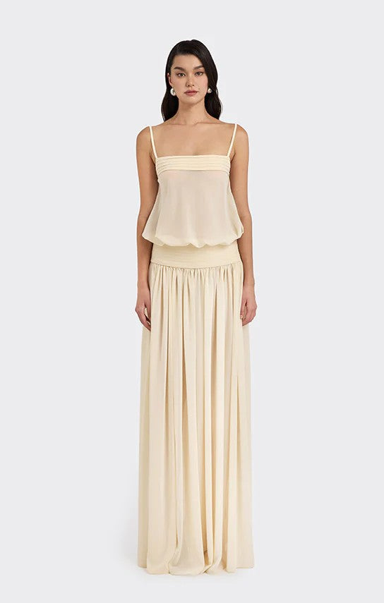 Women's maxi dress with flowing chiffon top and elastic waistband