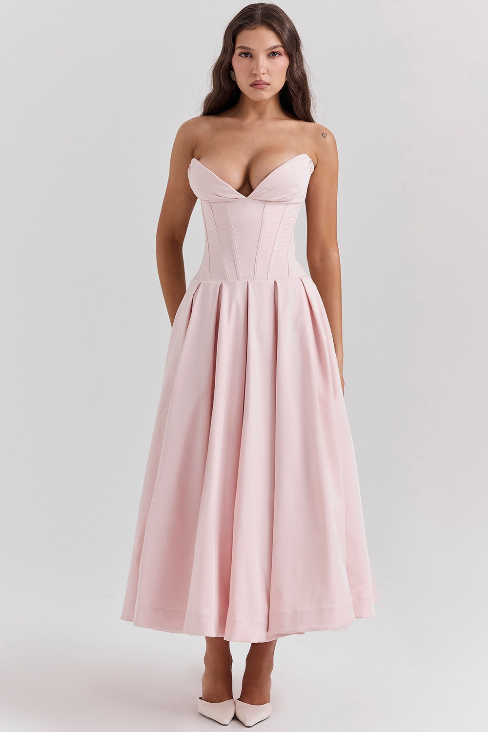 Women's strapless corset midi dress with pre-shaped bodice construction and flared circle skirt StylebySassy