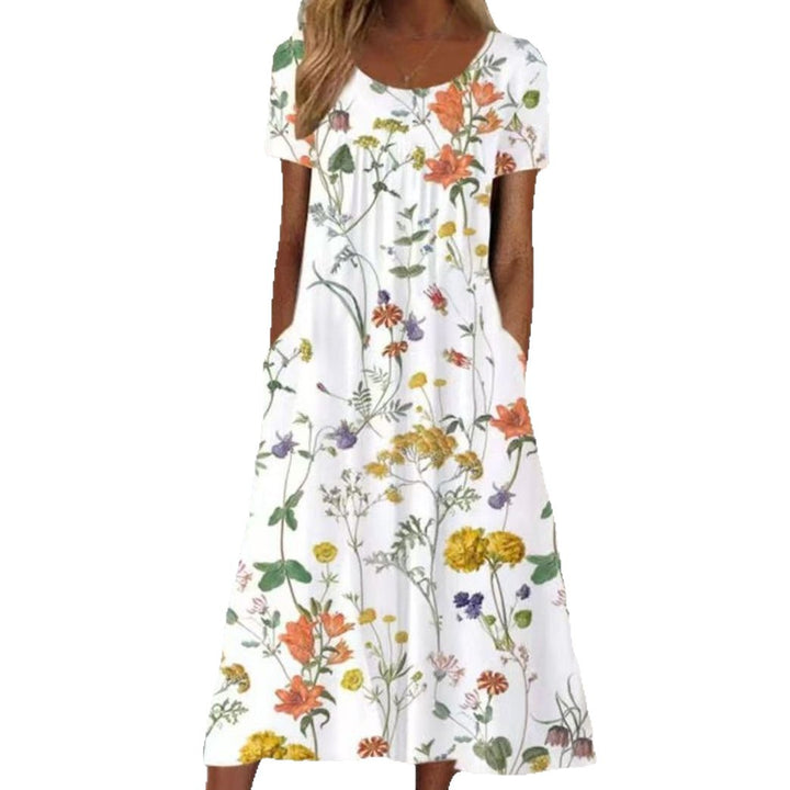 Women's summer A-line maxi dress with V-neck, short sleeves, and side pockets made of lightweight jersey StylebySassy