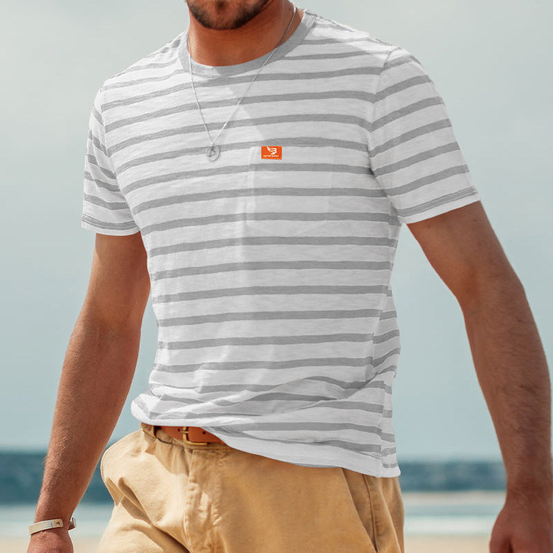 Men's striped short-sleeve T-shirt made of cotton jersey with chest pocket and contrasting round neckline StylebySassy