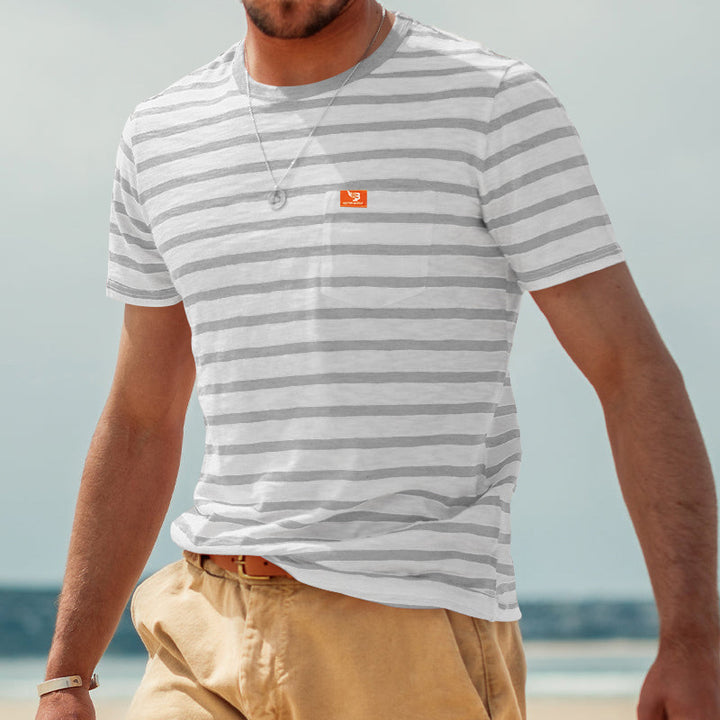 Men's striped short-sleeve T-shirt made of cotton jersey with chest pocket and contrasting round neckline StylebySassy