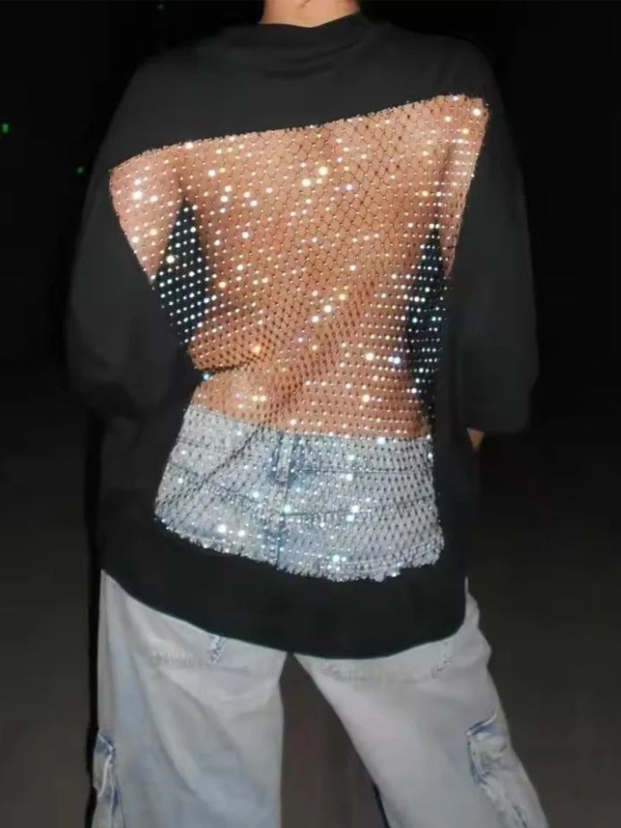 Women's oversized T-shirt with transparent mesh back, rhinestone embellishment and jeans print StylebySassy