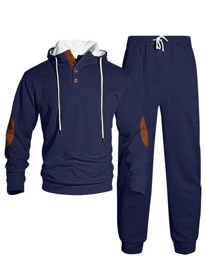 Men's waffle structure Henley hoodie set with wooden button placket elbow patches and tapered joggers StylebySassy