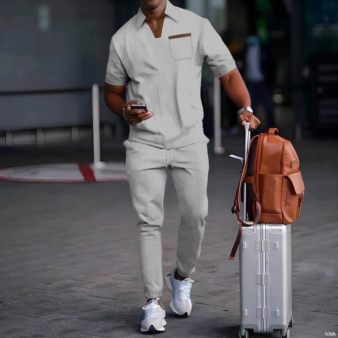Men's casual leisure set made of elastic jersey with V-neck, chest pocket, and drawstring waistband StylebySassy