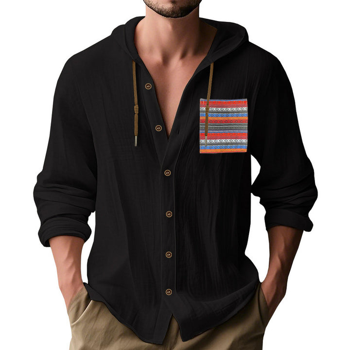 Men's lightweight hooded shirt jacket made of structured cotton blend with ethnic chest pocket and button placket StylebySassy
