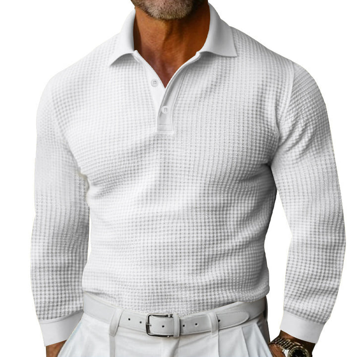 Men's long sleeve polo shirt made of waffle knit with a slim fit, concealed button placket, and shirt collar StylebySassy