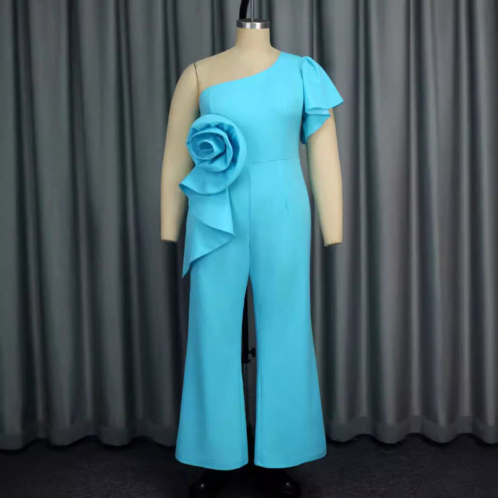 Ladies elegant jumpsuit with asymmetric design and floral appliqué StylebySassy