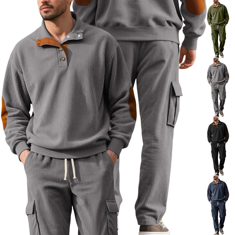 Men's structured turtleneck pullover with stand-up collar, press stud placket, and velour elbow patches StylebySassy