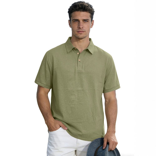 Men's short-sleeve polo with shirt collar, short button placket and structured cotton blend StylebySassy