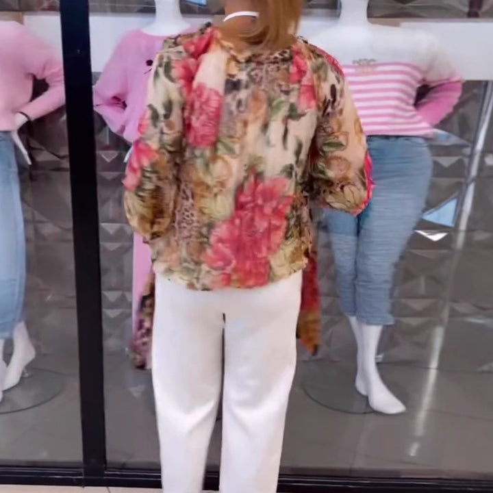 Women's blouse in silk look with floral-animal print, V-neck, gathering and cuffed sleeves StylebySassy