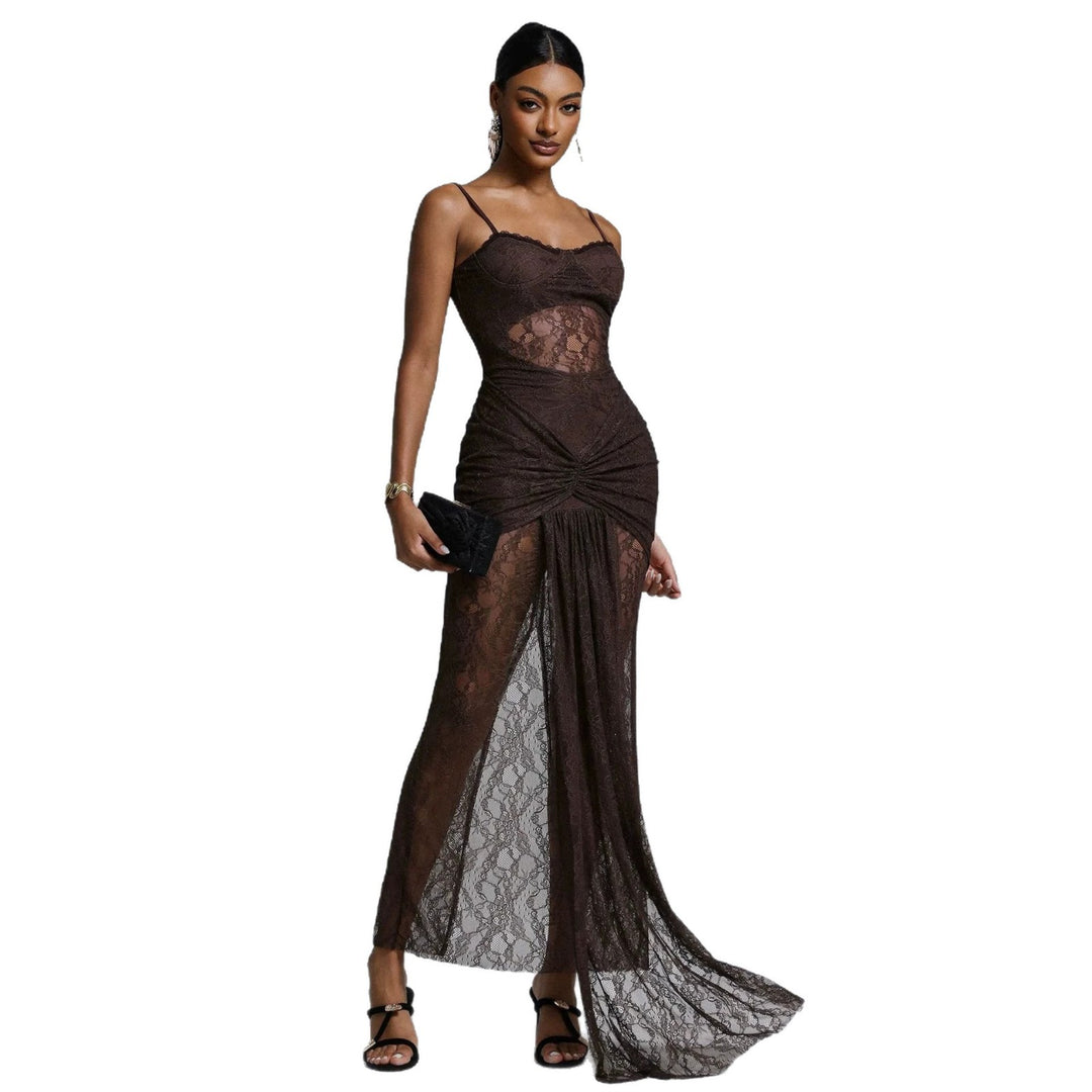 Women Elegant Lace Maxi Dress with Sophisticated Draping StylebySassy