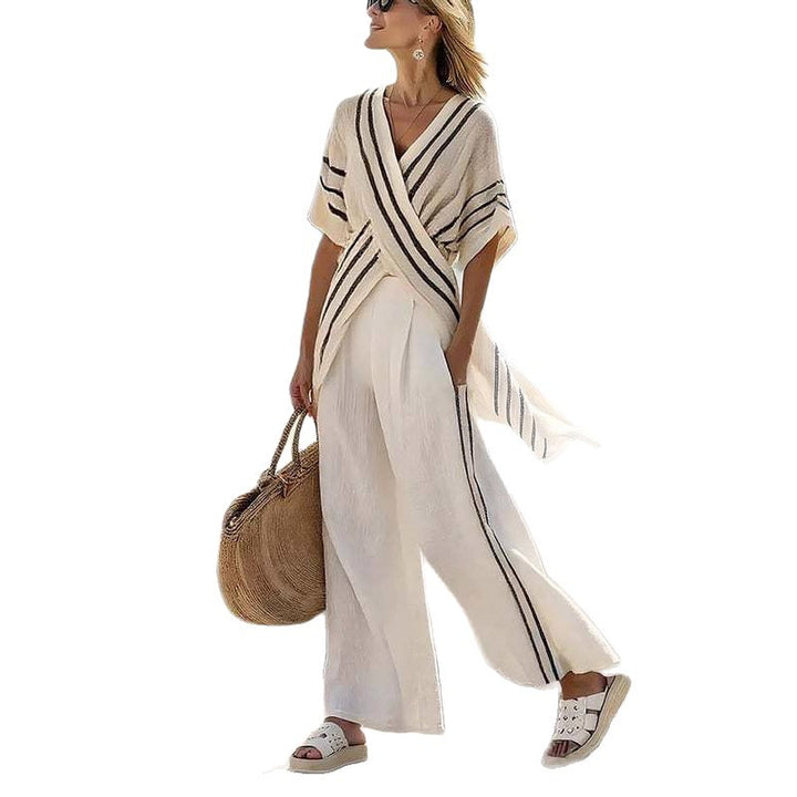 Women’s resort-inspired set with crossover kimono tunic and high-waisted palazzo pants StylebySassy