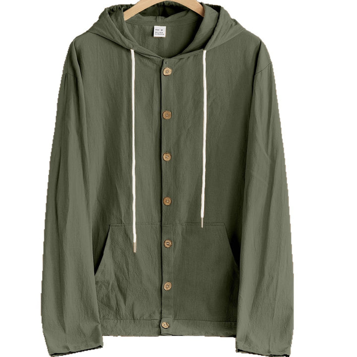 Men's lightweight hoodie jacket with button placket, kangaroo pocket, and drawstring StylebySassy