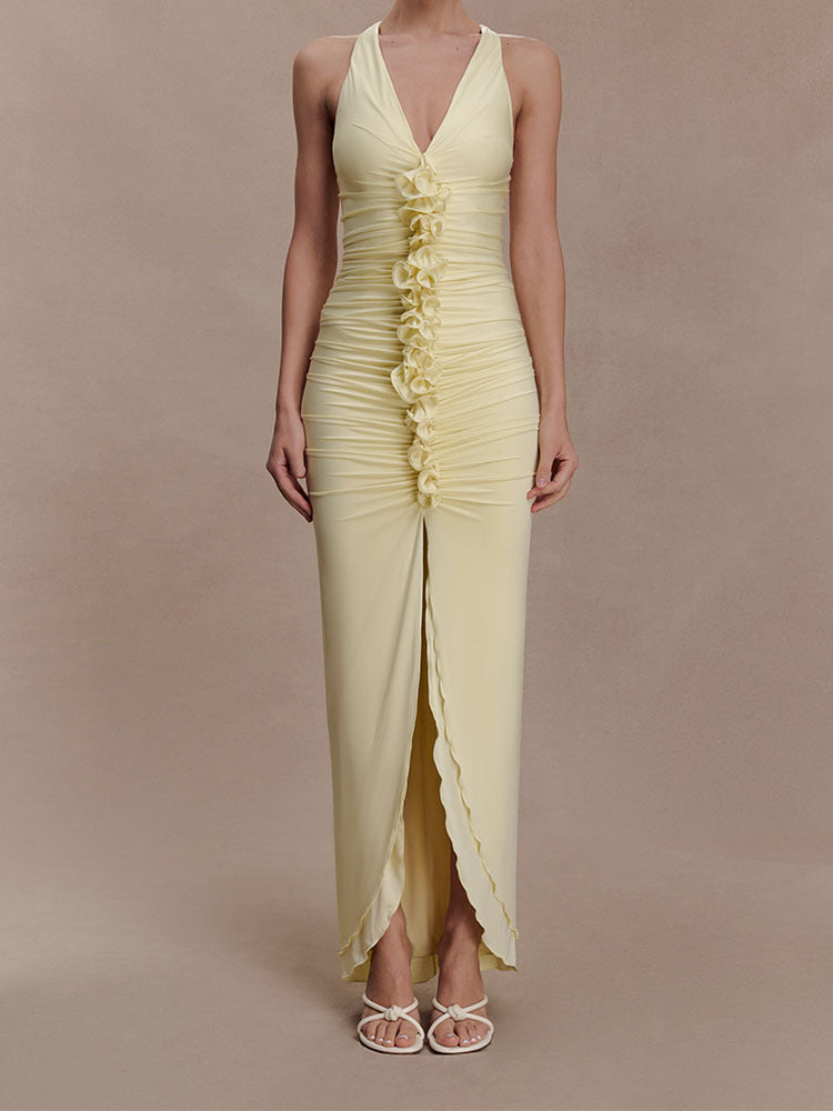 Women High-Quality Evening Dress with Deep V-Neck and Gatherings