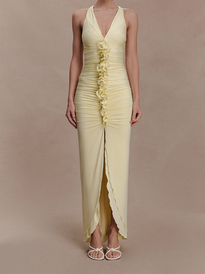 Women High-Quality Evening Dress with Deep V-Neck and Gatherings
