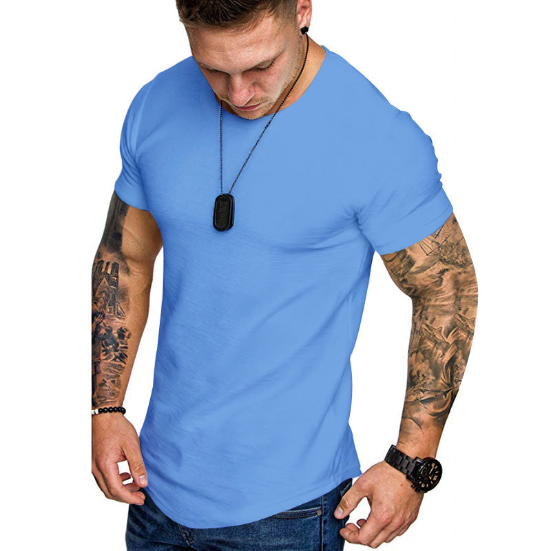 Men's figure-hugging round neck shirt with athletic cut elastic cotton-elastane mix and rounded hem StylebySassy