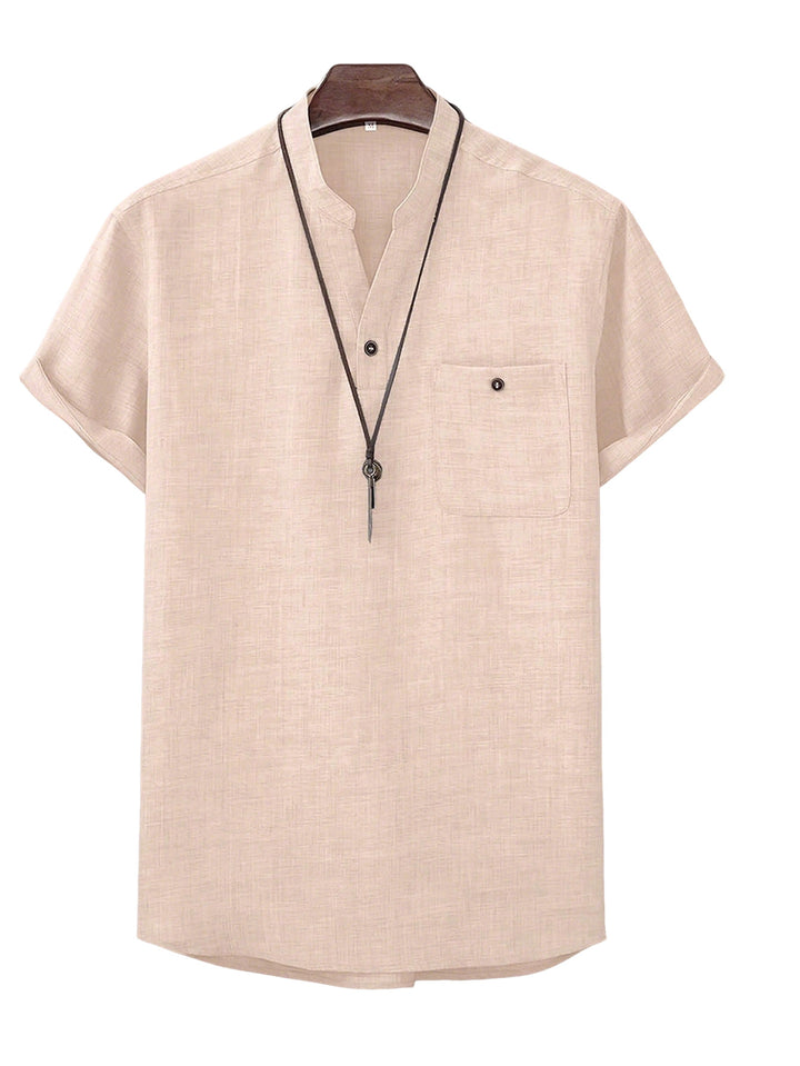 Men's casual Mandarin-style short-sleeve shirt with half-button placket, patch chest pocket, and rounded hem StylebySassy
