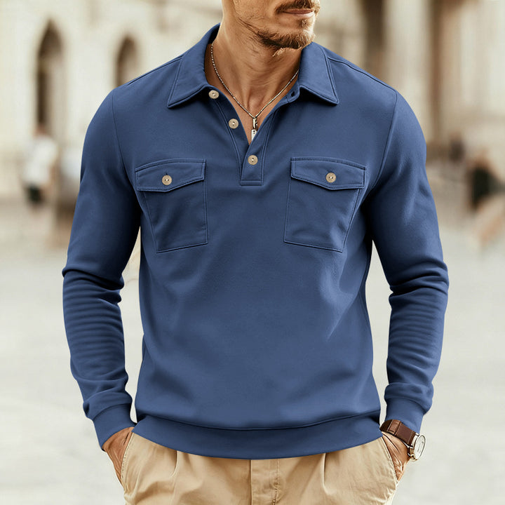 Men's fitted long sleeve polo shirt with shirt collar and applied breast pockets StylebySassy
