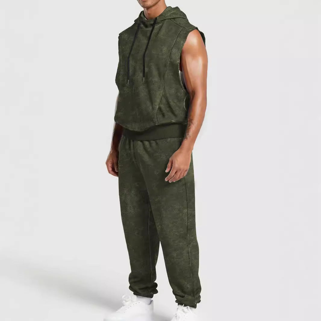 Men's sleeveless hooded sweat set in velour look with elastic joggers and ribbed cuffs StylebySassy