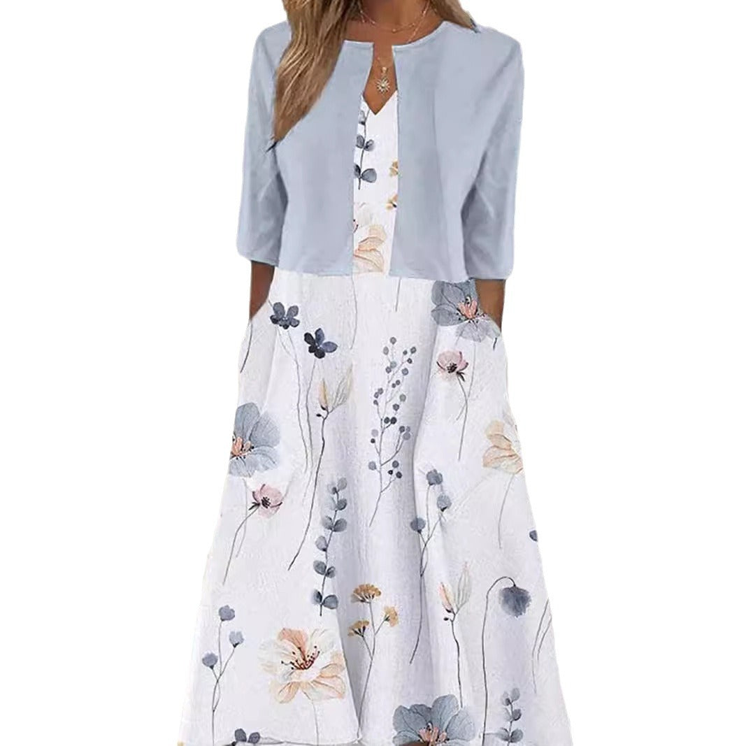 Women's maxi dress with separate bolero, V-neck, inset pockets, and floral A-line silhouette StylebySassy
