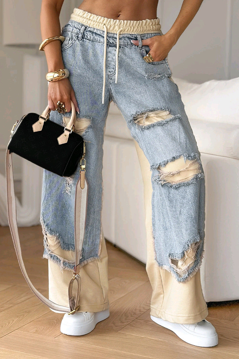 Women's double-layer jeans with appliquéd denim panels, elastic drawstring waistband, wide leg, and vintage-like rips StylebySassy