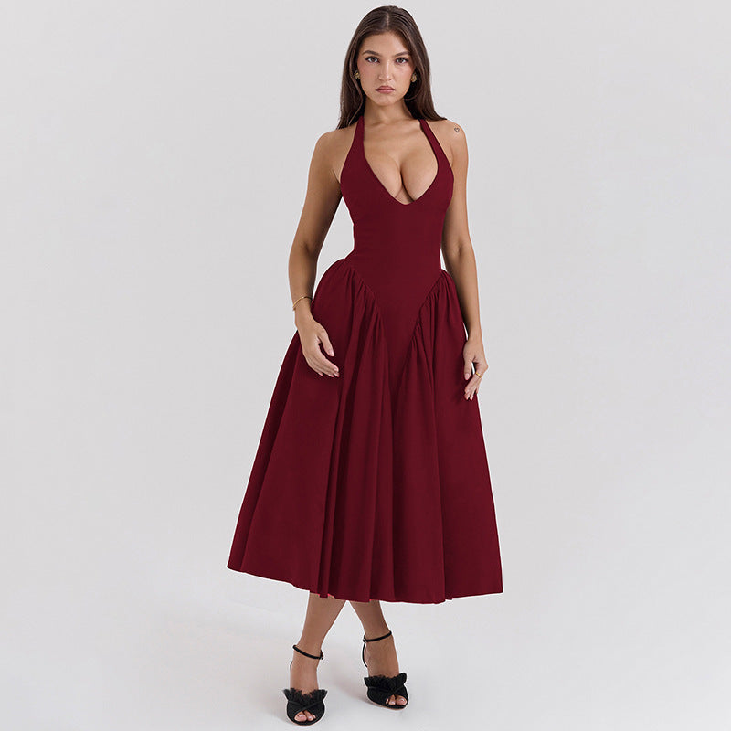 Women's figure-flattering halter bustier midi dress with tailored bodice and wide circle skirt StylebySassy
