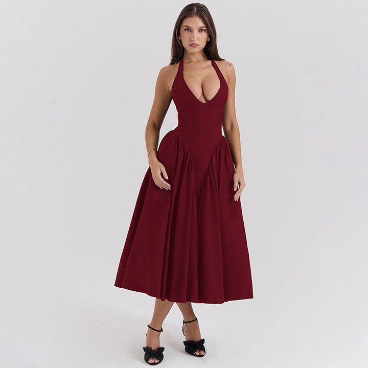 Women's figure-flattering halter bustier midi dress with tailored bodice and wide circle skirt StylebySassy