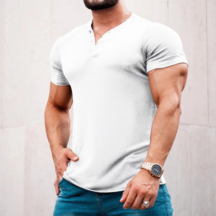 Men's muscle-fitting short-sleeve shirt with button placket and V-neck made of cotton stretch StylebySassy