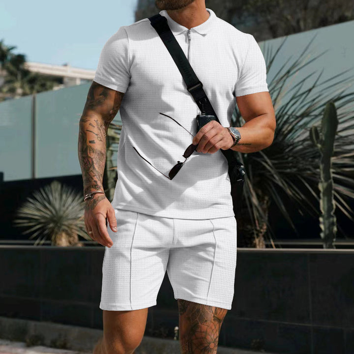 Men's casual polo shirt and chino shorts set with half zipper, textured jersey and subtle crease StylebySassy