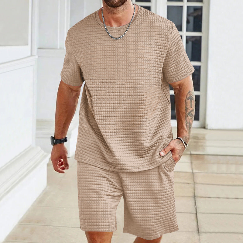 Men's waffle structure lounge and leisure set with wide-cut short-sleeve shirt and shorts with elastic waistband StylebySassy