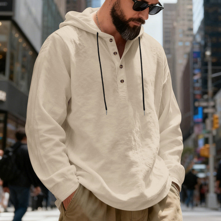 Men's lightweight hooded shirt with button placket made of linen blend and relaxed fit StylebySassy