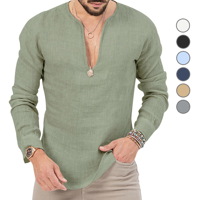 Men's relaxed linen tunic shirt with open slit collar and rounded hem StylebySassy