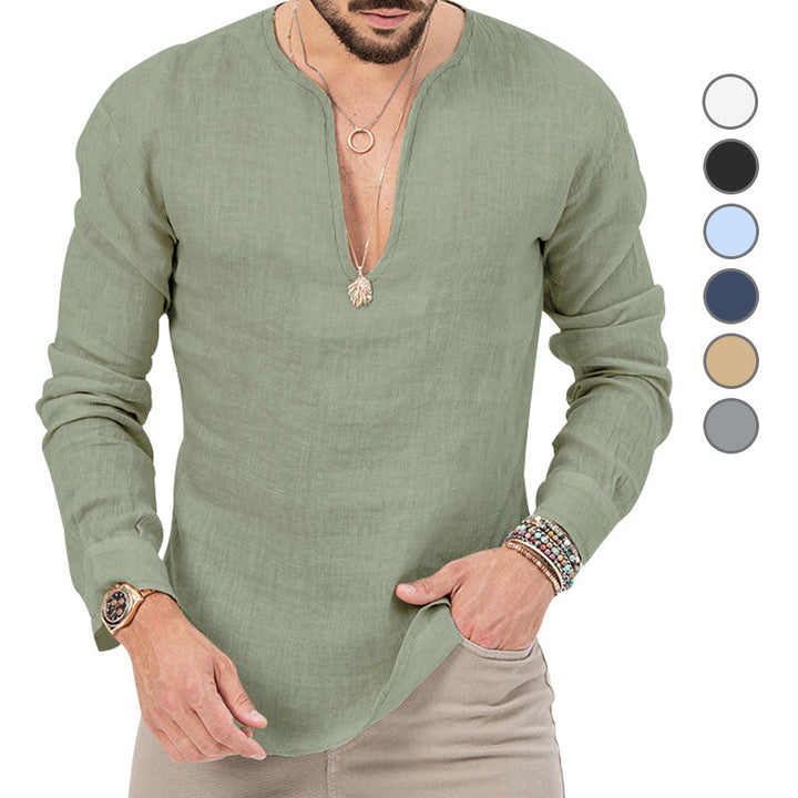 Men's relaxed linen tunic shirt with open slit collar and rounded hem StylebySassy