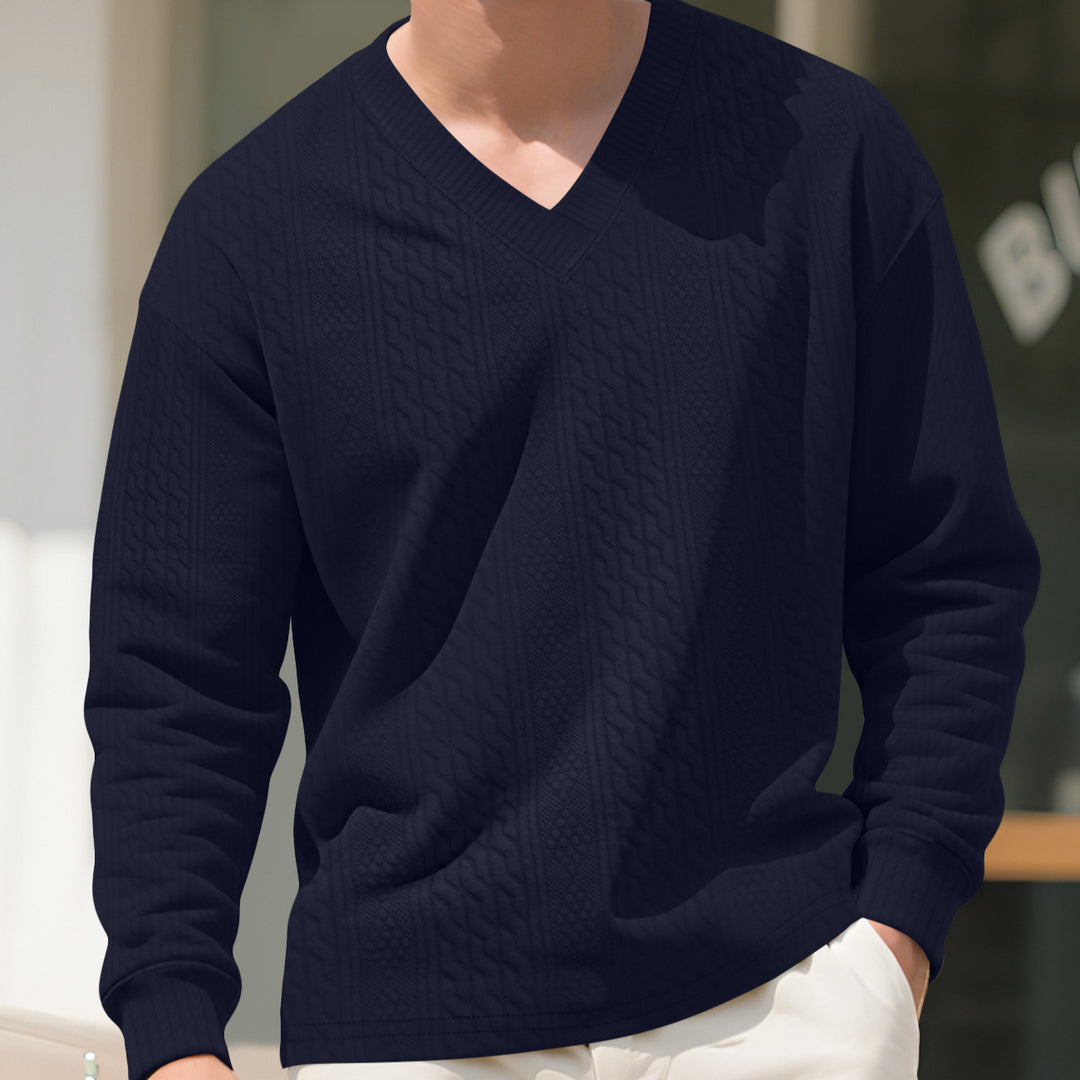 Men's structured V-neck knitted sweater with cable and honeycomb pattern StylebySassy