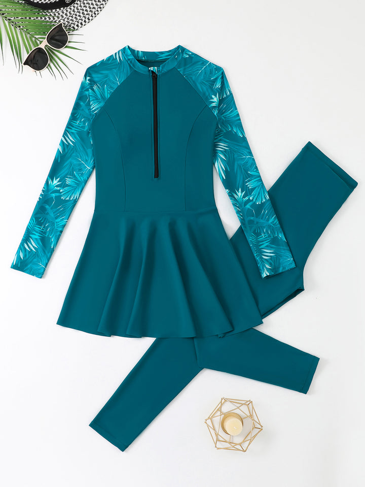 Women's Fashionable Swimsuit with Skirt and Long Sleeve StylebySassy