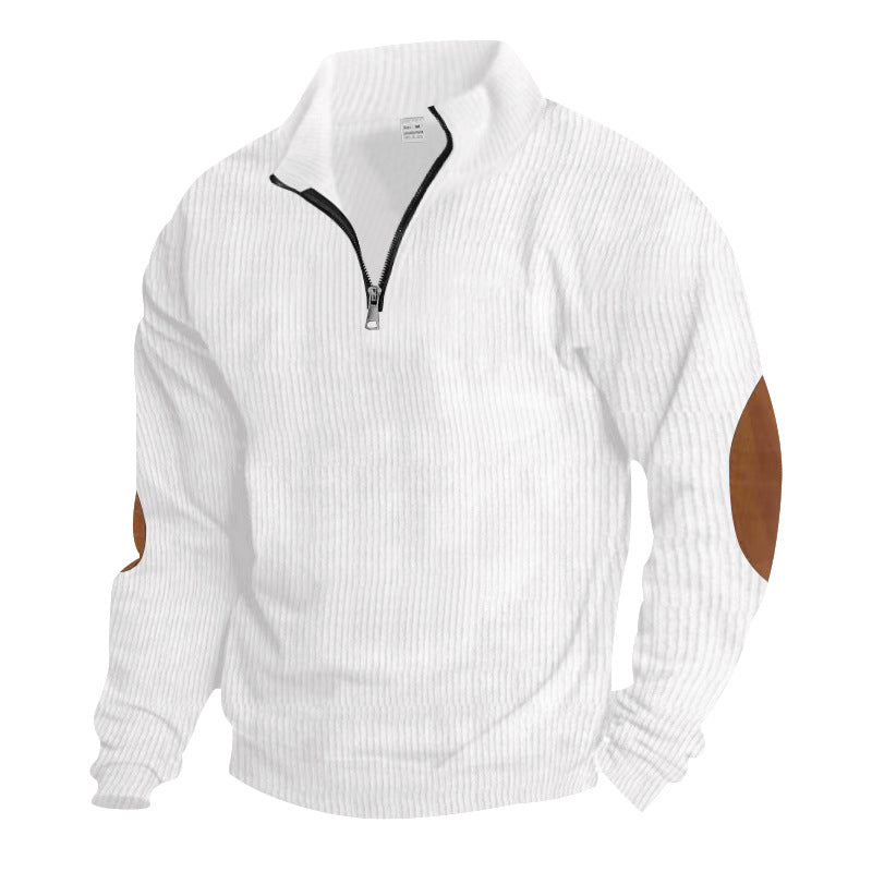 Men's knitted fine knit pullover with short zipper stand-up collar and leather-look elbow patches StylebySassy