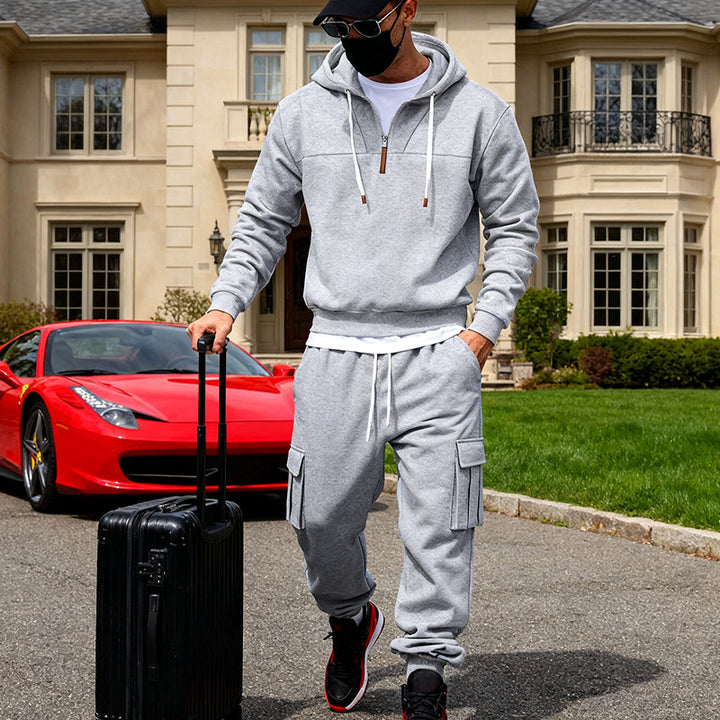 Men's casual fleece tracksuit with half zipper and cargo pockets StylebySassy