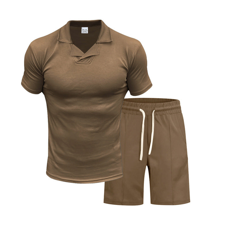 Men's short-sleeved polo lounge set with V-insert at the collar and drawstring bermuda StylebySassy