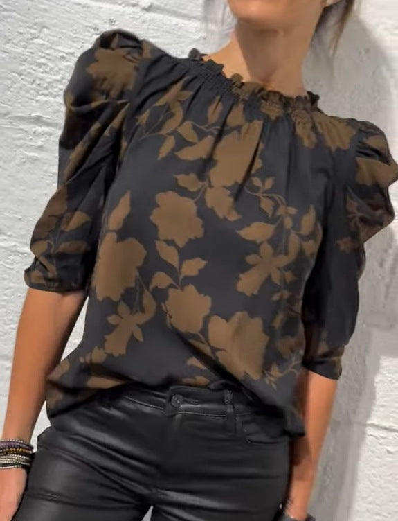 Women's wide-cut slip blouse with smocked ruffle collar and elbow-length puff sleeves StylebySassy