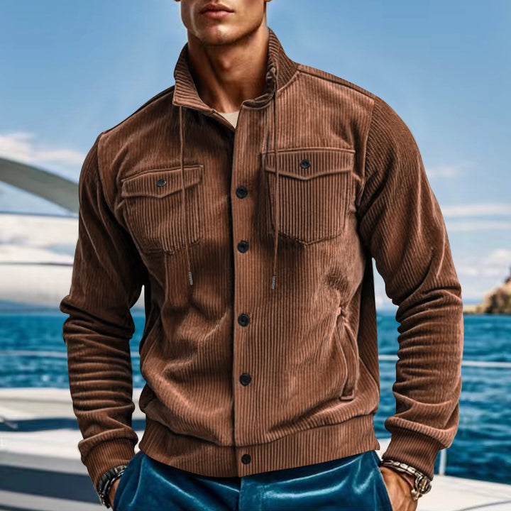 Men's casual fine ribbed cord jacket with stand-up collar, chest pockets and elastic hem StylebySassy