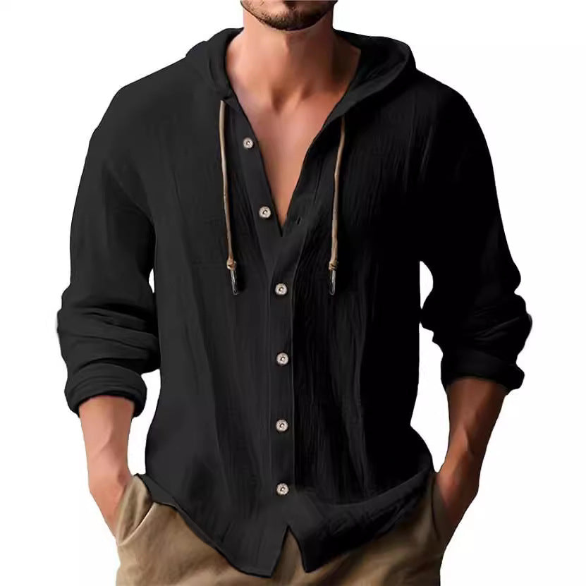 Men's casual hooded shirt with full button placket, drawstring, and lightweight linen look StylebySassy